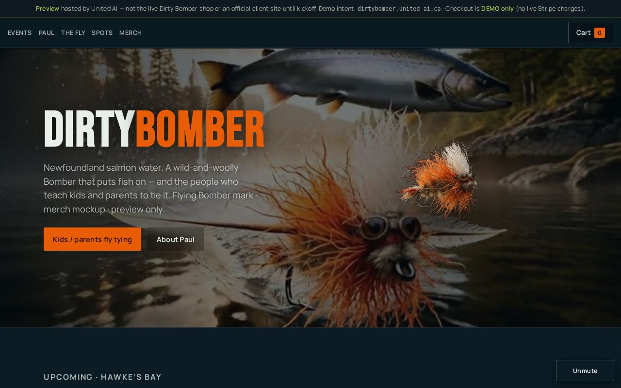 Dirty Bomber site — desktop view of the river hero page
